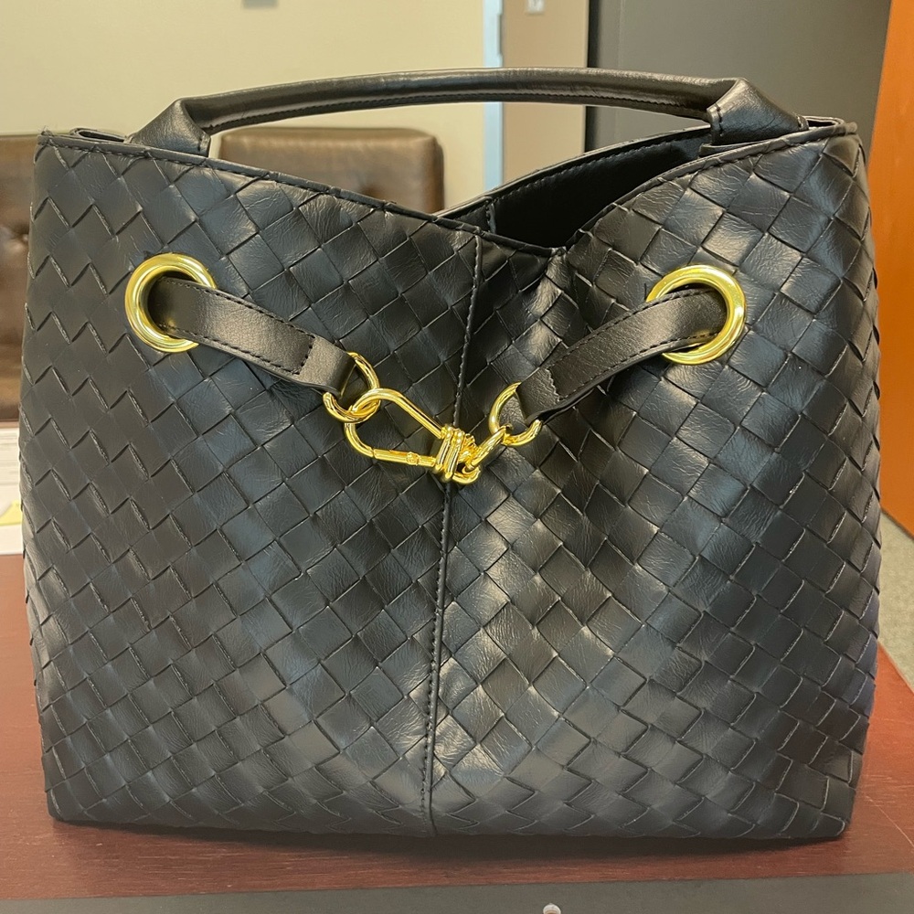 Boutique Woven faux Leather Top-Handle Tote Bag in Black with Gold Hardware